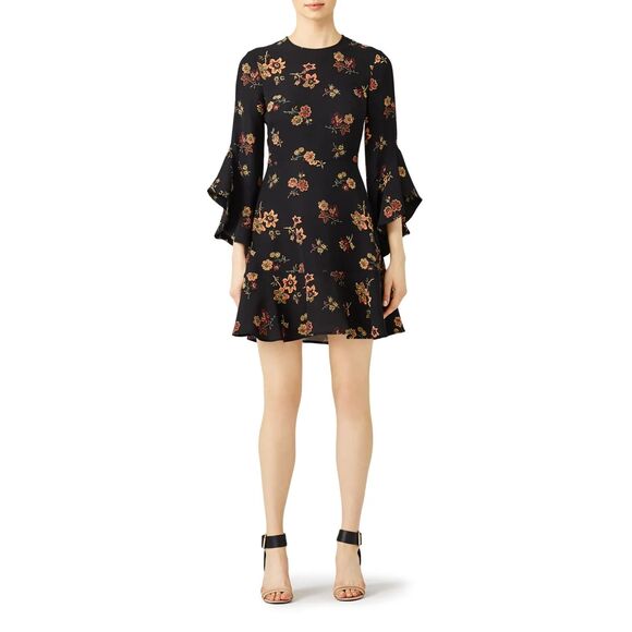 A.L.C. Black Floral Ruffle Cassidy 100% Silk Dress Size 14 - Picture 2 of 9